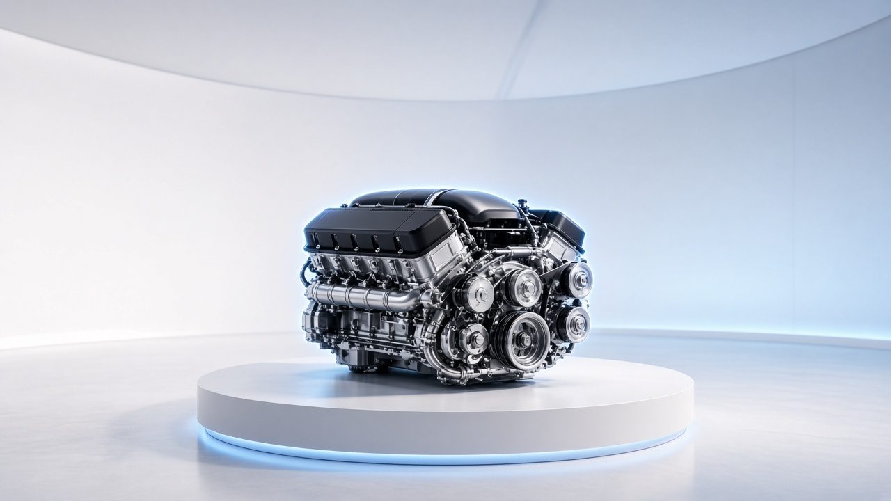 BMW V8 engine on a round white stand